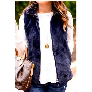 J.Crew faux fur navy zip up vest